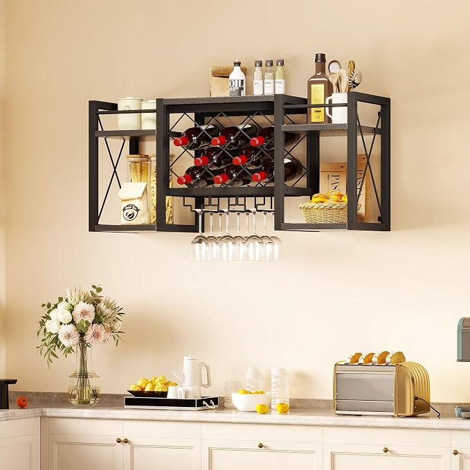 Wall Mounted Wine Rack with Glass Holder, Wood-Metal Retro Bar Shelf, Wine - Image 4