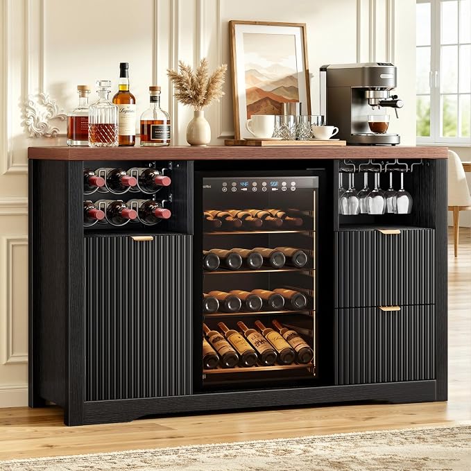 Coffee Bar Cabinet with Fridge Space, Wood Buffet Sideboard Table, Fluted by Leteuke