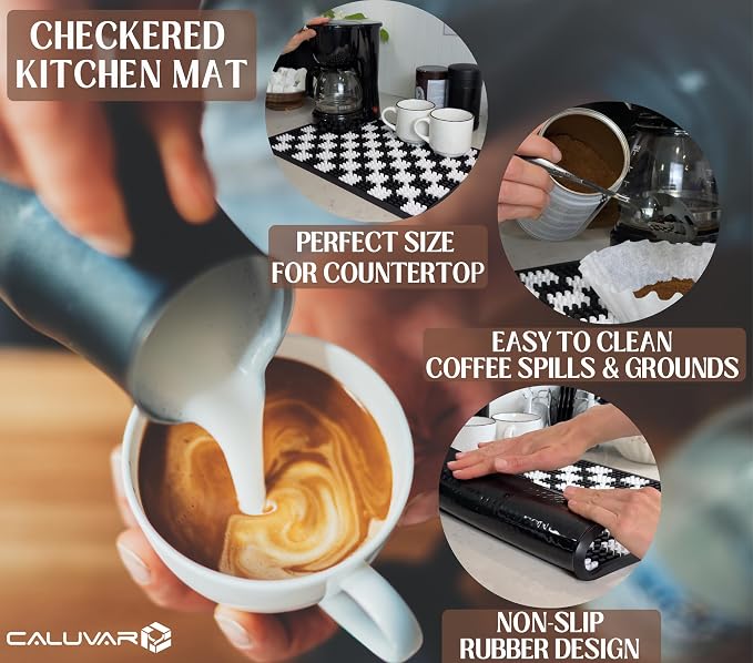Checkered Coffee Bar Mat 18x12 in Silicone, Non-Slip Espresso Machine Mat - Image 3