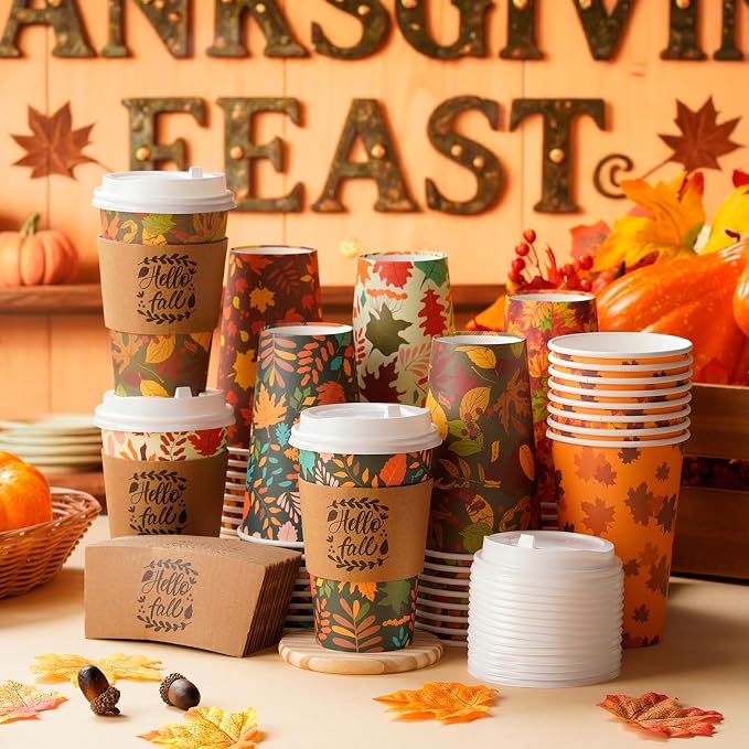120 Set Thanksgiving Fall Disposable Coffee Cups - Image 6