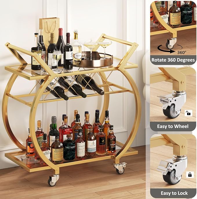 LVB Gold Bar Cart with Glass, Bar Cart with Wheels, Wine Cart with 2 Tier - Image 4