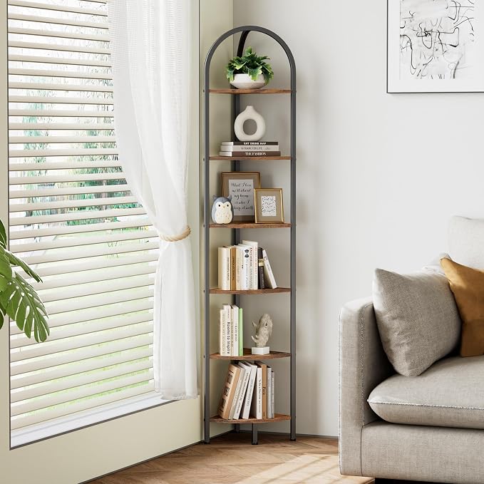 Homhedy 6-Tier Arched Corner Shelf Stand, Wall Corner Bookshelf - Image 6