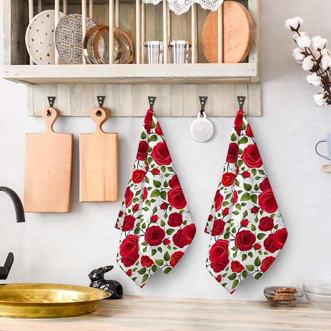 Red Rose Kitchen Dish Towel Set of 2, Soft Absorbent Hand Drying Baking Cooking - Image 5