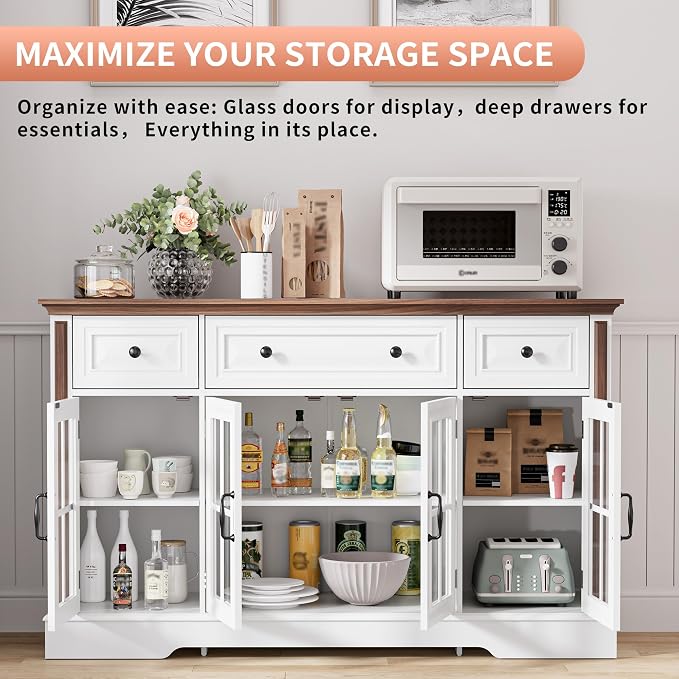 Sideboard Buffet Cabinet with Storage and Glass Doors, 4-Door Cabinet with 3 - Image 4
