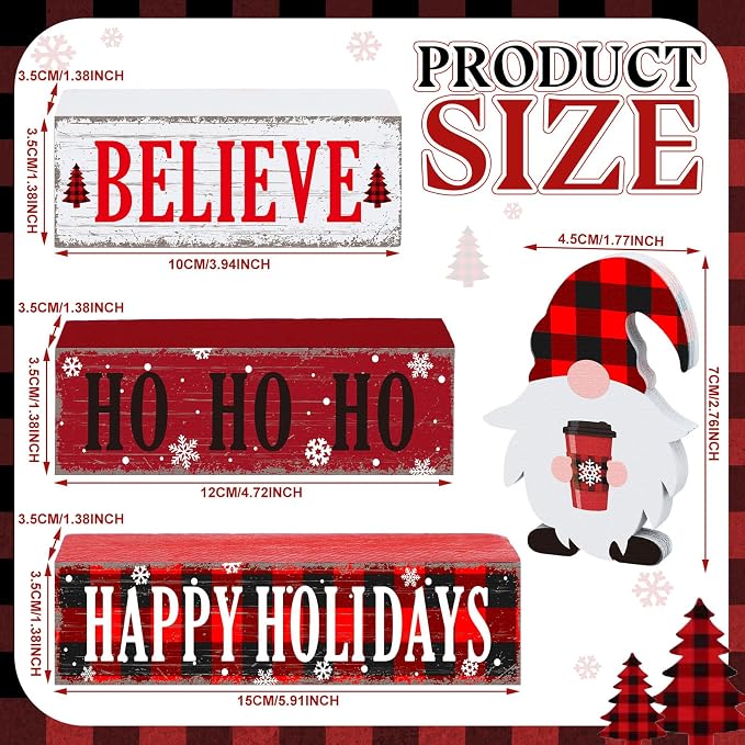 Geelin 4 Pcs Christmas Wooden Table Decorations Xmas Red and White Buffalo - Image 3