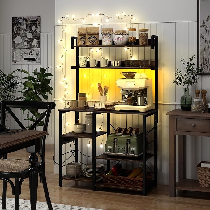 Giantex Bakers Rack with Power Outlet and LED Lights, 7-Tier Microwave Stand - Image 2