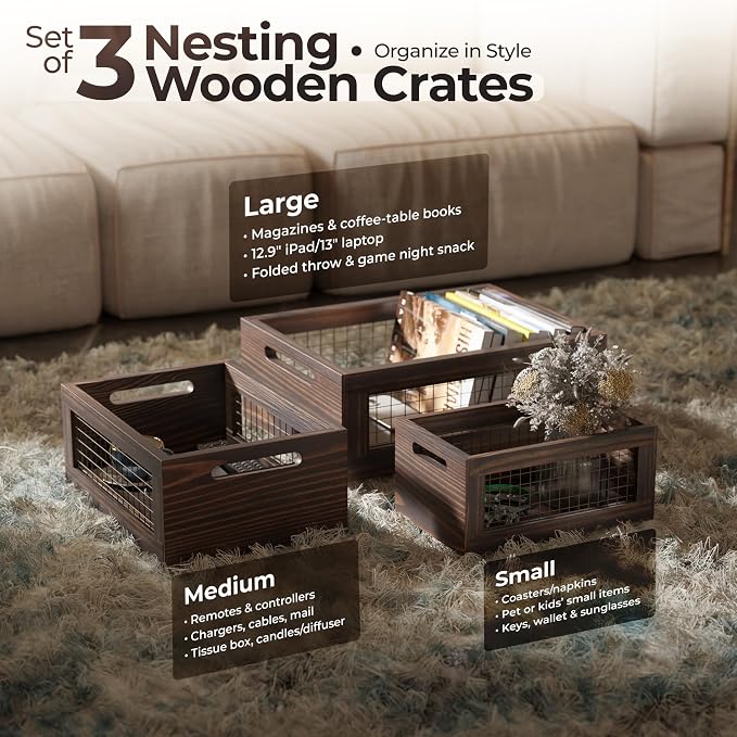 Set of 3 Extra Large Wooden Nesting Countertop Baskets, Rustic Wood Storage - Image 7