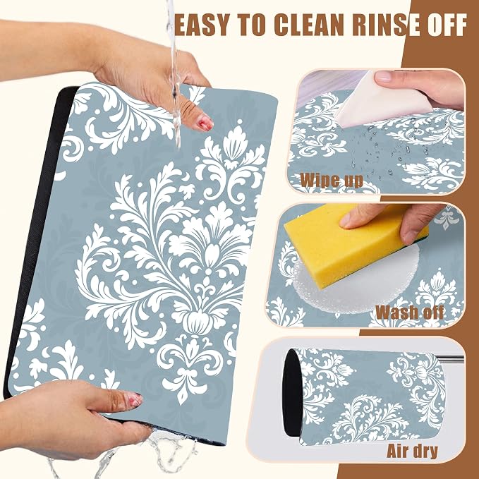 Dish Drying Mat Blue Damask Floral Coffee Bar Mat - Image 5