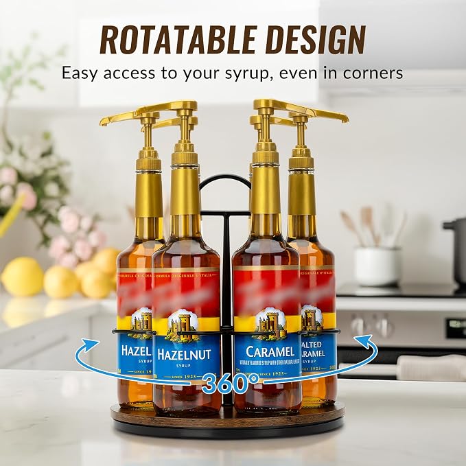Rotating Coffee Syrup Organizer Hold 6 Bottles, Wood Coffee Syrup Rack - Image 3