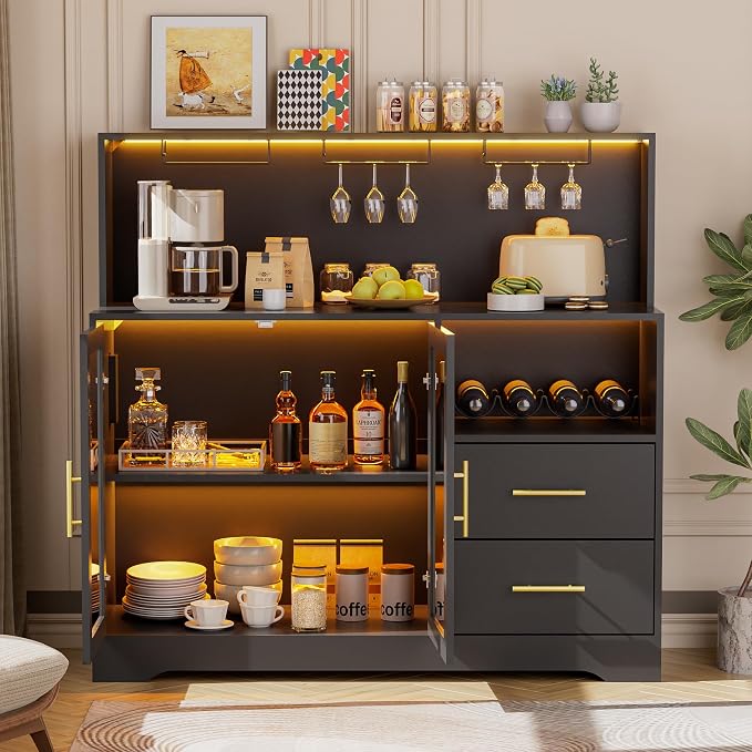 Wine Bar Cabinet with LED Lights, Liquor Bar Cabinets with Power Outlets by Unknown