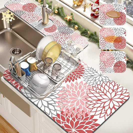 Findosom 2PCS 16" x 24" Christmas Dish Drying Mat & 24" x 5.5" Sink Splash Guard, Super Absorbent & Cuttable Dish Mat Drying Kitchen Mat with Red Floral, Hide Stain Drying Mat for Kitchen Counter
