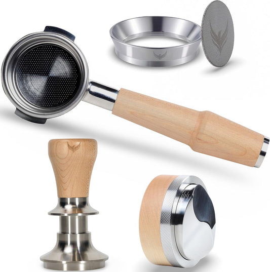 Espresso Accessories Kit 58mm for E61 Group Head Bottomless Portafilter, Calibrated Tamper, Dosing Funnel with Puck Filter, and Espresso Distributor
