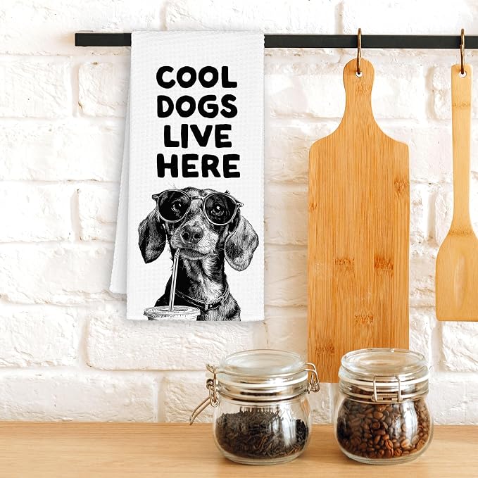 Funny Dog Dachshund Kitchen Towels, Cool Dogs Live Here Dish Towel Gifts - Image 2