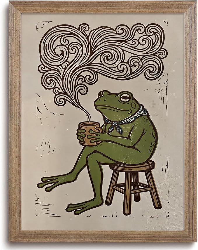 JQ7OL Whimsical Wall Art Frog Drinking Coffee Wall Art Wood Framed Funny by Unknown