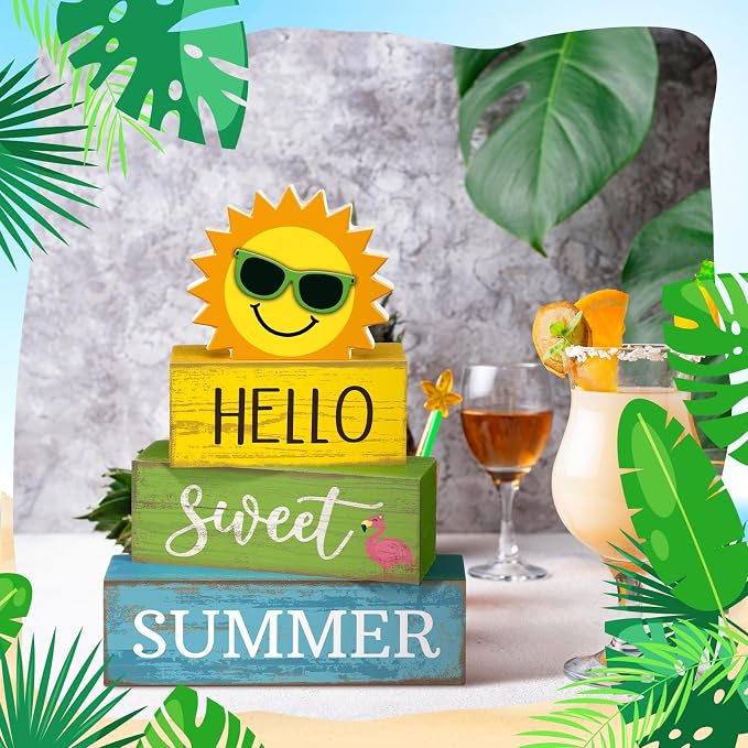 Yuntau 4 Pcs Summer Table Decoration Hello Sweet Summer Tiered Tray Decor - Image 6