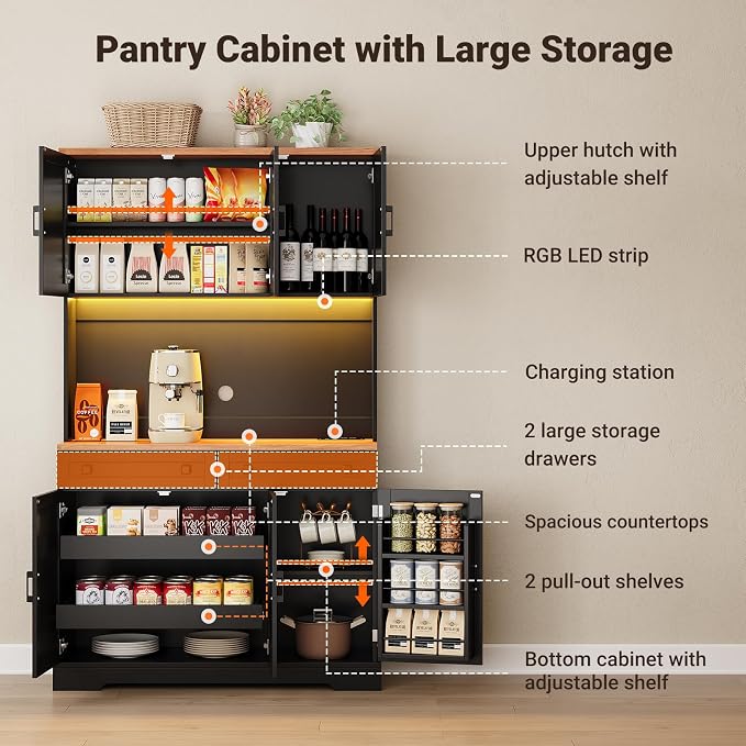 ELYKEN 71" Pantry Cabinet with Charging Station & LED Lights, Tall Kitchen - Image 6