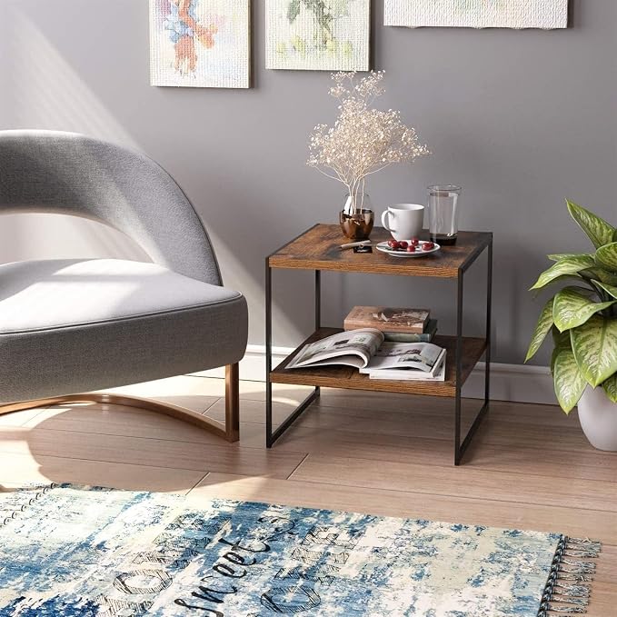 GRFIT Mobile Side Table 2 Tier Industrial Bedside Table Corner Table Rustic - Image 2