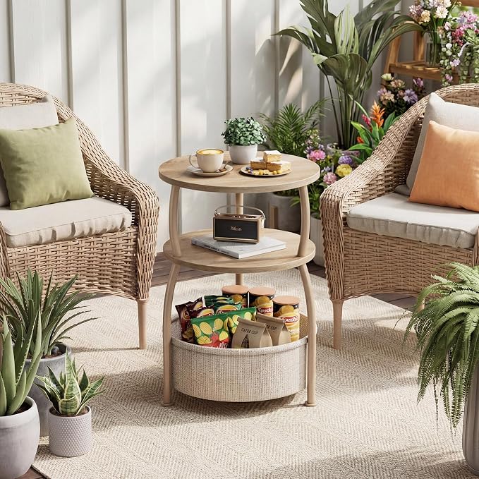 Round Side Table with Storage Basket, End Table Living Room | 3-Tier Bedside - Image 8