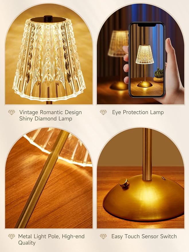 One Fire Nightstand Lamps Set of 2, Dimmable Crystal Table Lamp 3 Colors Gold - Image 6