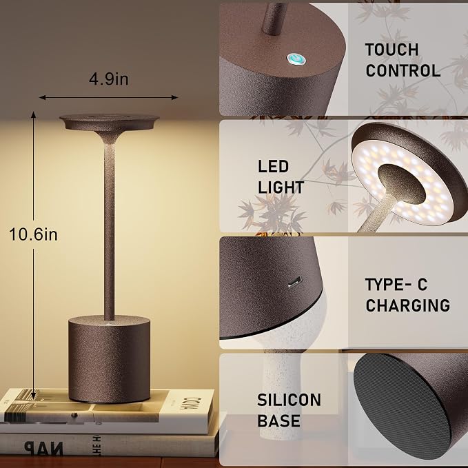 Rechargeable Cordless Metal Table Lamp, IP54 Waterproof, 6000mAh Battery - Image 3