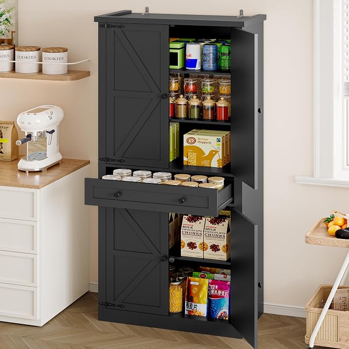 BORNOON Pantry Organizers and Storage Cabinet, 67.7” Barn Door White Kitchen - Image 8