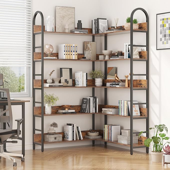 5 Tiers Tall Corner Bookshelf, Large Heavy Duty Industrial Corner Bookcase - Image 3