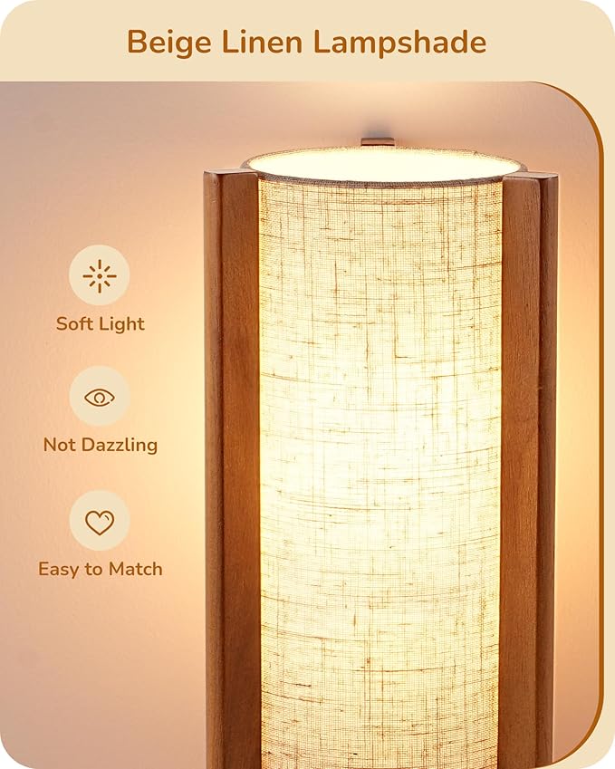 EDISHINE 13.5" Small Table Lamp, Walnut Wood Cylinder Nightstand Lamp - Image 3