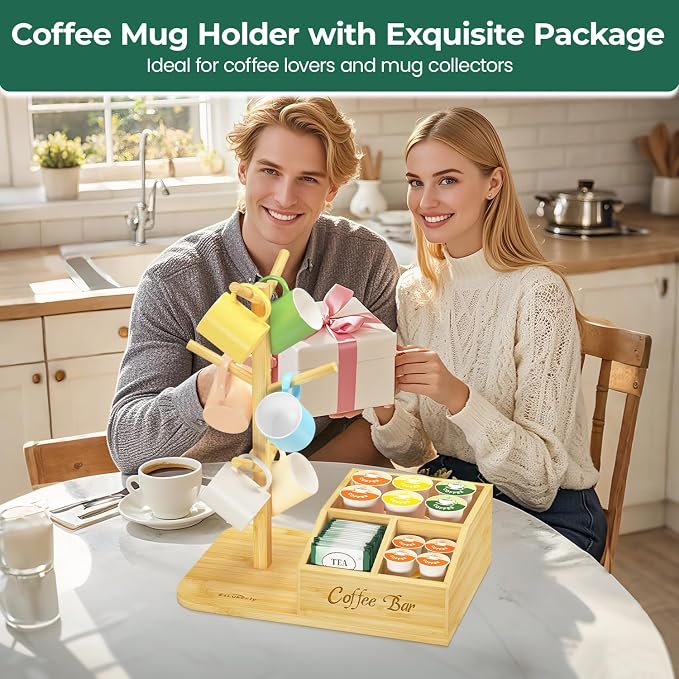 EsLuker.ly Mug Tree Holder Stand, Countertop Bamboo Coffee Cup Organizer Rack - Image 6