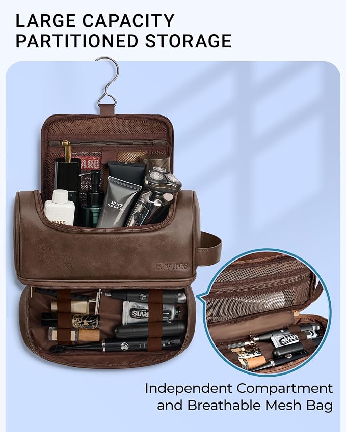 Elviros Toiletry Bag for Mens PU Leather Travel Organizer Kit - Image 3