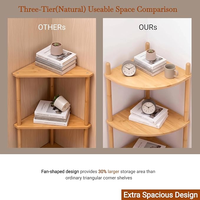 3-Tier Expandable Bamboo Corner Shelf Stand, Corner Bookshelf, Display Storage - Image 8
