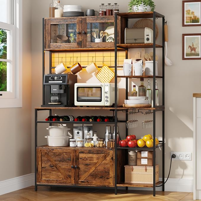 67 in Tall Bakers Rack with Power Outlet & LED Light, Coffee Bar Cabinet with 2 by StMandyu