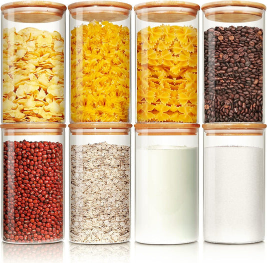 Glass Jars with Bamboo Lids 28 floz [Set of 8], Glass Canisters with Airtight Lids, Glass Food Storage Containers for Pasta, Oats, Coffee, Flour, Sugar, Rice, Best for Kitchen & Pantry