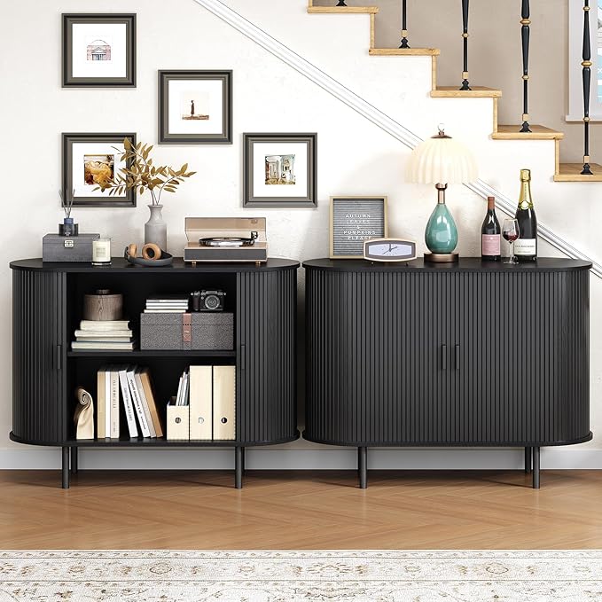 Buffet Cabinet with Storage, Fluted Sideboard Buffet with Sliding Door - Image 3