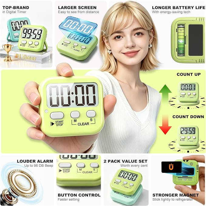 Antonki 2 Pack Digital Timer for Kids, Magnetic Countdown Kitchen Timers for - Image 4