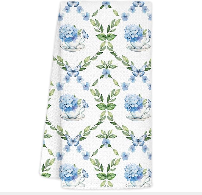 Blue Hydrangea Chinoiserie Floral Butterfly Tea Hand Dish Towels by LoveandHome