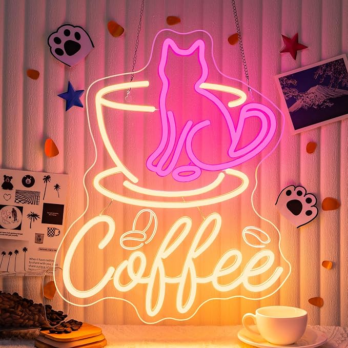 Cat Cafe Neon Sign Coffee Bar Sign Pink Cat Neon Light Cafe LED Light by NXYX