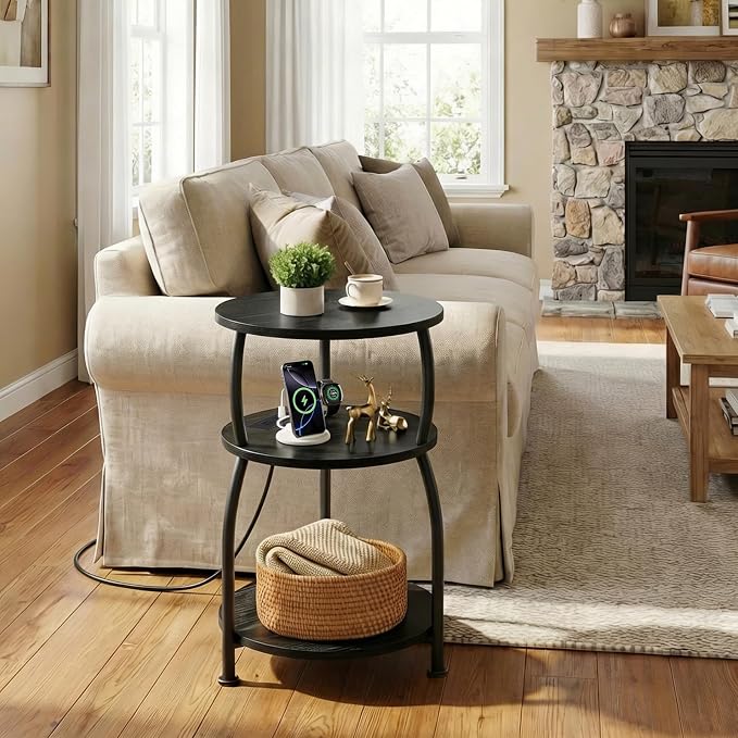 Round Side Table with Power Outlet & USB Ports, 3-Tier End Table with Storage - Image 2