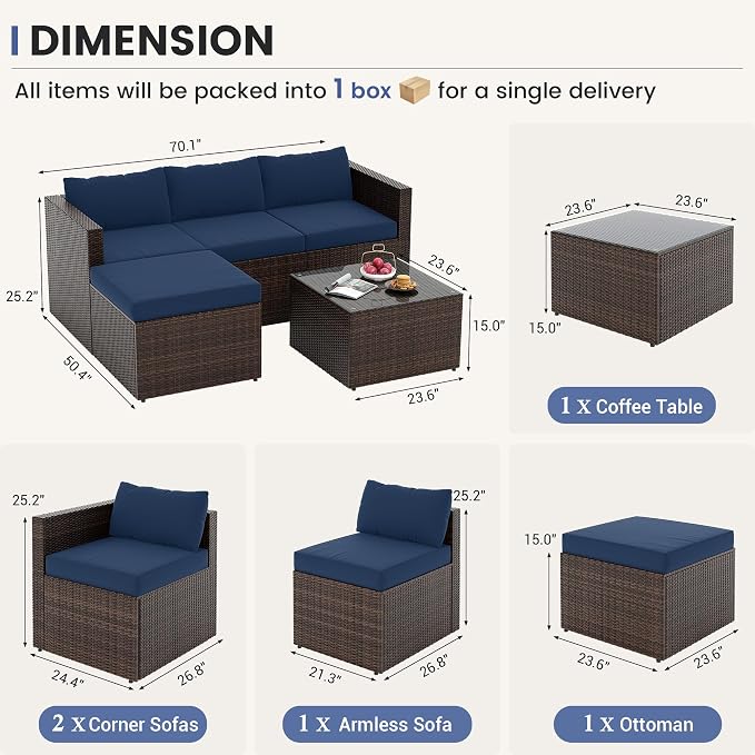 UDPATIO 5 Piece Patio Furniture Set, All-Weather Wicker Outdoor Sectional Sofa - Image 3