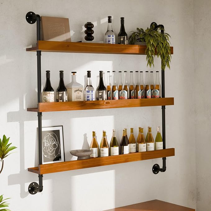 Industrial Wine Rack Wall Mounted, Solid Wood Shelf by Anynice