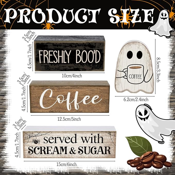 Lineshading 4 Pcs Halloween Table Decor Coffee Ghost Wooden Sign Halloween - Image 3