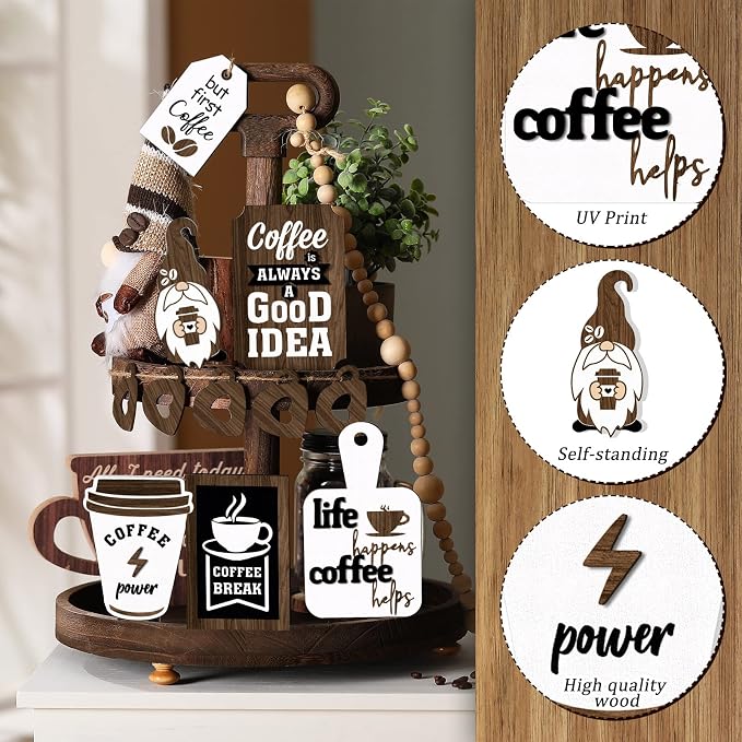 Yalikop 12 Pcs Coffee Bar Decor Tiered Tray Decor Set Farmhouse Wooden Gnomes - Image 4