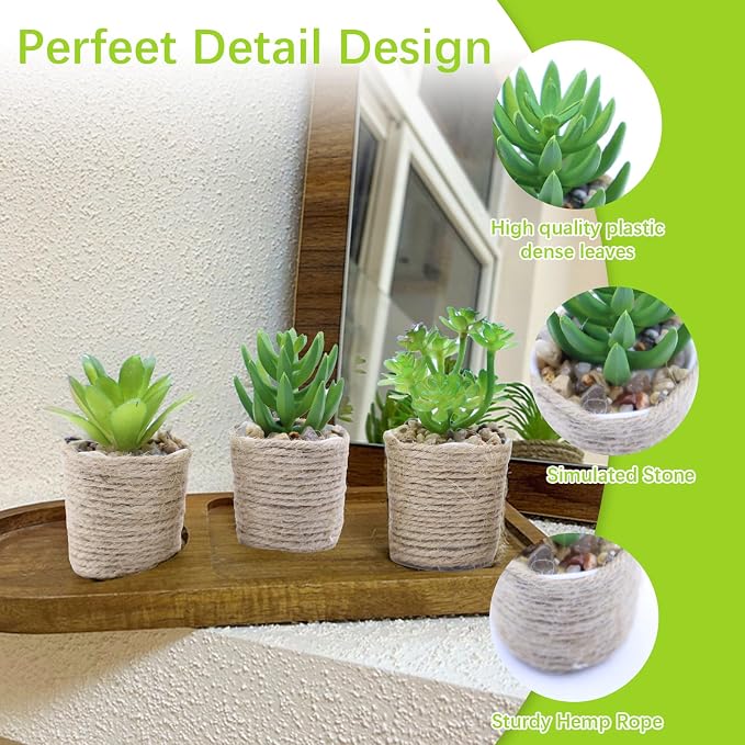 3 Pack Mini Artificial Succulent Plants – Faux Greenery in Vintage Woven Jute - Image 3