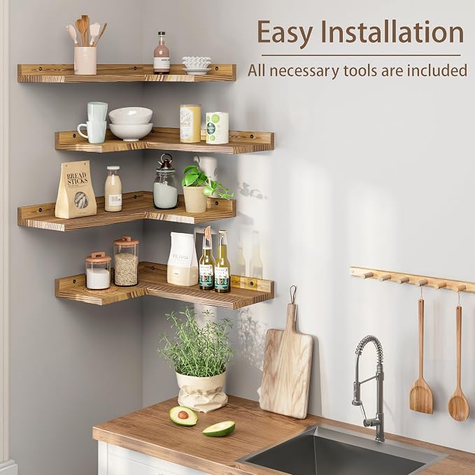 4 Tier Floating Corner Shelves Set of 4, Rustic Pine Wood Floating Corner Wall - Image 4