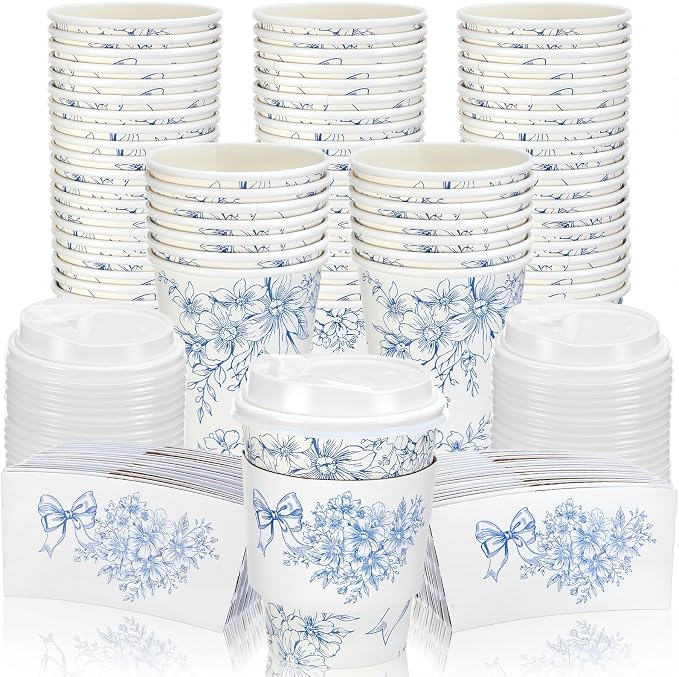 Vesici 60 Set 14oz Blue Bow Floral Disposable Coffee Cups by Vesici
