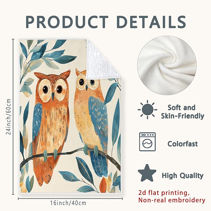 Owls Kitchen Towels Set of 4, Nature Fanciful Leaves Branches Fall Brown - Image 3