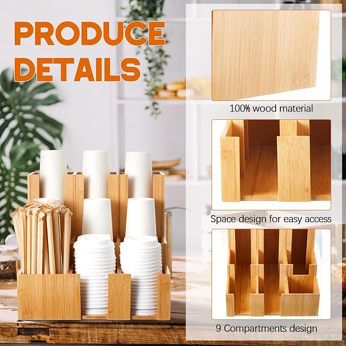 CroBlissful Bamboo Vertical Coffee Cup and Lid Dispenser, Coffee Condiment - Image 3