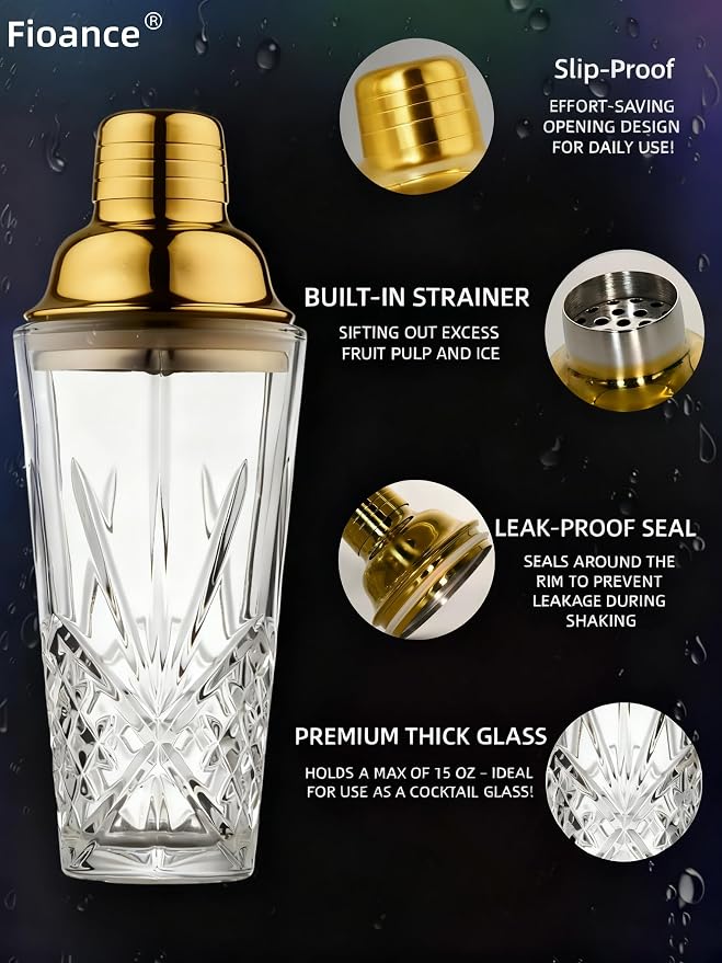 15oz Gold Lid Crystal Cocktail Shaker, Lead-Free Glass - Image 3