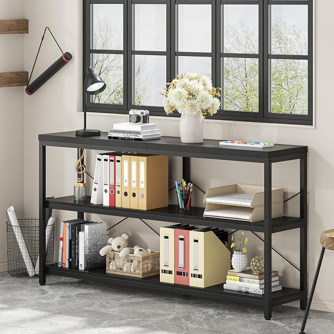 3-Tier Industrial Bookshelf, Wide Wood Horizontal Bookcase, Open Large Book - Image 3