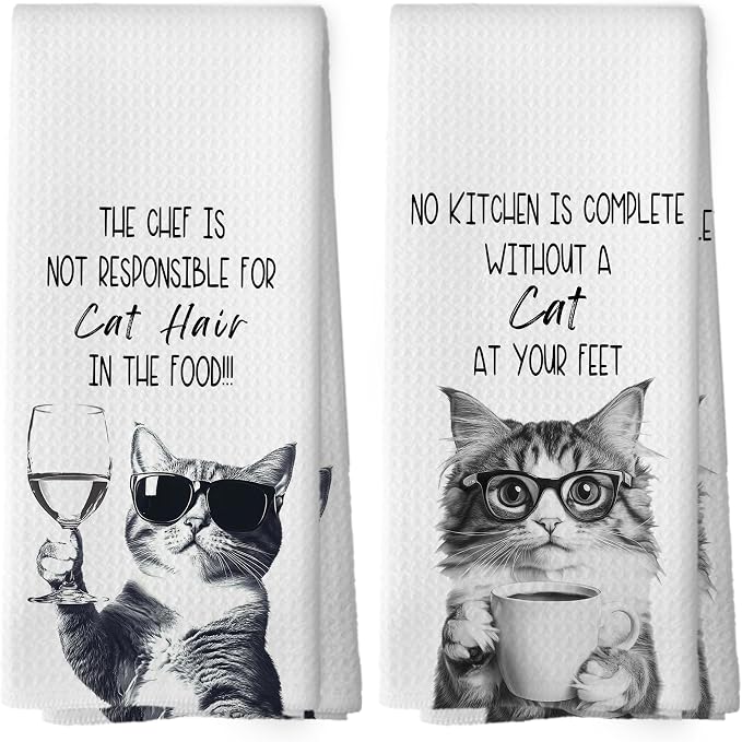 Funny Cat Kitchen Towels Set of 2, Cats Kitchen Accessories, Coffee Wine by Mcehtle
