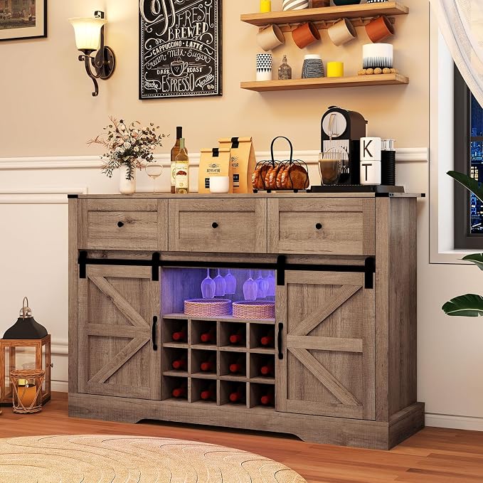 Giantex Wine Bar Cabinet with LED Lights, 3 Drawer, Adjustable Shelf, 12 Bottle - Image 2